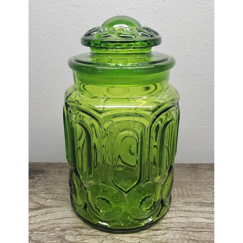 L.E. Smith Moon & Stars Green Glass Apothecary Canister 9.5 Large Jar Lidded EUC